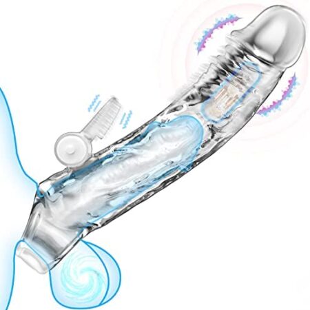 Vibrating Penis Extender Sleeve Penis Ring, Reusable Penis Sleeve Cock Ring Extender with Clitoral Stimulation Penis Enlarger Couple Sex Toys for Men
