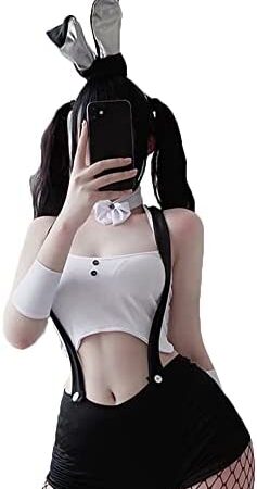 JasmyGirls Women's Sexy Bunny Cosplay Lingerie Naughty Kawaii Maid Costume Anime Strappy Halter Outfit Lolita Underwear Black