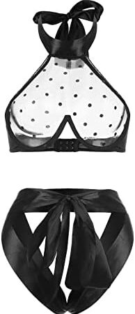 ROSVAJFY Sexy Mesh Lingerie Set for Women Naughty,See-through Lace Halter Top and Thong,Polka Dots Adjustable Bra and Panty,High Waisted Satin Underwear Babydoll High Waisted Underwear Black