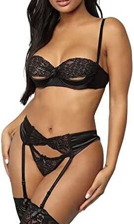 ROSVAJFY Women's Sexy Lingerie Sets with Garter Belt 3 Pcs Push up Bra and Panty Semi-Sheer Lace Wireless Strappy Babydoll Bodysuit with Suspenders for Ladies Nightwear Bikini(No Stockings) Black
