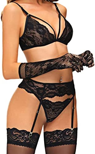 Women Sexy Lingerie Garter Belt Set with Stockings and Gloves, Bra and Panty Set for Women Sexy Nightwear