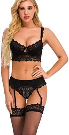 Bluewhalebaby Sexy Lingerie Push Up Padded Lace Bra and Knickers Lingerie Set (Suspender & Stockings Optional)