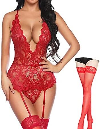 CheChury Women Sexy Lingerie Bodysuit Lace Bodysuit Teddy Strap Lingerie Nightwear with Suspenders Belts Lingerie Set with Garter Belt (with Stockings)