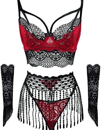 popiv Women's Lingerie Sets Strappy Tassel Mini Skirt Lingerie Sexy 4 Piece Bra and Panties Set with Gloves