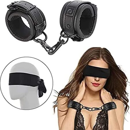 Sex Blindfold Fetish Eye Mask and Handcuffs with Handle Restraint Kit - Sexy Doggy Style Sex Bondage Set, Ass Up Doggy Position Kinky Sex Toys for Couples Starter Set for Beginners(Black)