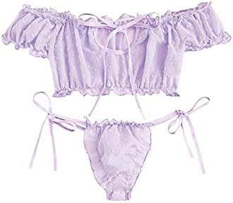 Fgnuay Women's Self Tie Ruffle Trim Dobby Mesh Lingerie Set,Sexy Bra and Panty,Soft,Short Sleeve,Ruffle Tulle,Tight-fitting style with Small Size and Three-Dimensionality,With a little elasticity