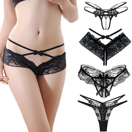 KFLY 4 Pack Women Thongs Sexy Lace Hollow Out See Through Panties, Low Waist G-Strings, Pearls Bow Tie Floral Lace Knickers, Ultra Thin Briefs Bikini Lingerie Panties, Sexy Underwear Underpants Black