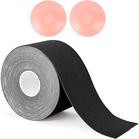 Proworks Boob Tape | 7m Roll of Skin Friendly Adhesive Booby Tape with Reusable Nipple Covers for an Invisible Push Up Bra Boob Lift Effect, Breast Tape for Large Breasts A - G Cup