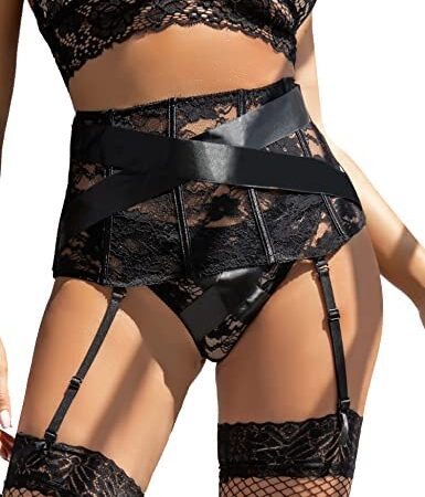 ohyeahqueen Women Suspender Belt Lace High Waist Garter Belt Adjustable 4 Straps Lingerie Set with G String