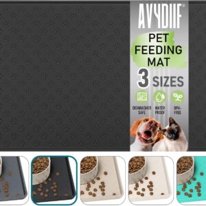 AVYDIIF Silicone Dog Cat Food Mat, Waterproof Slip Resistant Raised Edge Pet Feeding Mats, Pet Bowl Mat with High Lip, Anti-Messy and Prevent Spill on Floor, Dishwasher Safe (M: 48×30cm, Black)