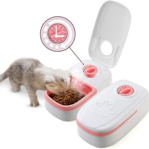 Automatic Cat Feeder Dry Food, 2-Meal Cat Feeder Automatic With Timer Wet Food 48H, Auto Cat Feeders Cat Food Dispenser Pet Feeding Station Timed Cats Feeders for Feeding(2 Meal+Pink)