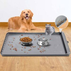 Dog Food Mat with Pocket, Baboies 36"x24" Extra Large Waterproof Silicone Dog Mat for Food and Water, Pet Cat Bowl Mat Feeding Mat Non Slip with High Edges