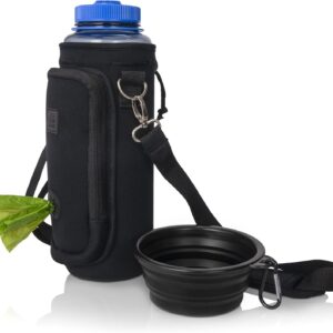 Made Easy Kit Water Bottle Carrier with Pocket for Dog Poop Waste Bags and Adjustable Padded Shoulder Strap (Tall & Large (40oz) with Bowl, Black)