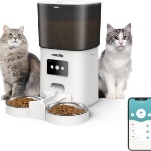 PWEZON Smart WiFi Double Pet Feeders for Two Cats, Automatic Cat Feeder with 2 Stainless Steel Bowls, 6L Dry Food Dispenser with App Control for Cat & Dog 10s Meal Call and Timer Setting