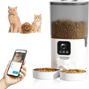 Pahajim Automatic Cat Dog Feeder 2.4G Wi-Fi Smart Pet Feeder 1080P Full HD Camera Night Vision 7L Timer Cat Food Dispenser App Control Double Stainless Steel Bowls Real-time Intercom Available