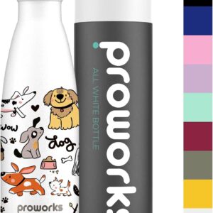 Proworks Stainless Steel Sports Dog Print Water Bottle | Double Insulated Vacuum Flask for 12 Hours Hot & 24 Hours Cold Drinks For Home, Work, Gym & Travel - 500ml - All White - Dog Party