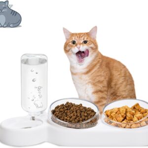 Cat Bowls Gravity Water and Double Food Bowls, 15°Tilt and 360°Rotatable Double Pet Feeders 3 in 1 Cat Bowls with Automatic Water Bottle Detachable, Cat Wet and Dry Food Feeding Bowl Set