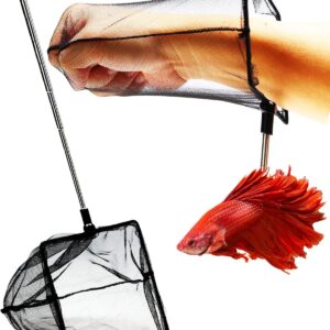 Aquarium Betta Fish Net Protect Delicate Fin, Soft Fine Deep Mesh Scooper w/Sturdy Extendable 7~14 Inch Stainless Steel Long Handle for Shrimp Fish Tank Small Pond & Pool