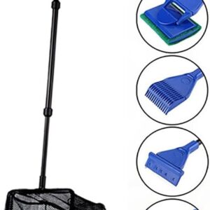 Houkr 6 in 1 Aquarium Fish Tank Cleaning Tool Set，Fishing Net + Gravel Rake + Plant Fork + Scraper + Sponge Brush Glass Extensible Long Handle Fish Tank Telescopic Cleaning Tools for Aquarium